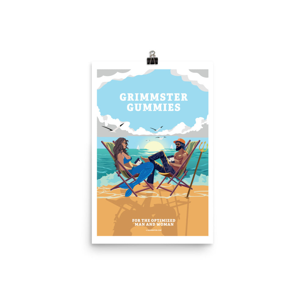 Grimmster Gummies Neptune and Mermaid Beachside Poster - GRIMMSTER 