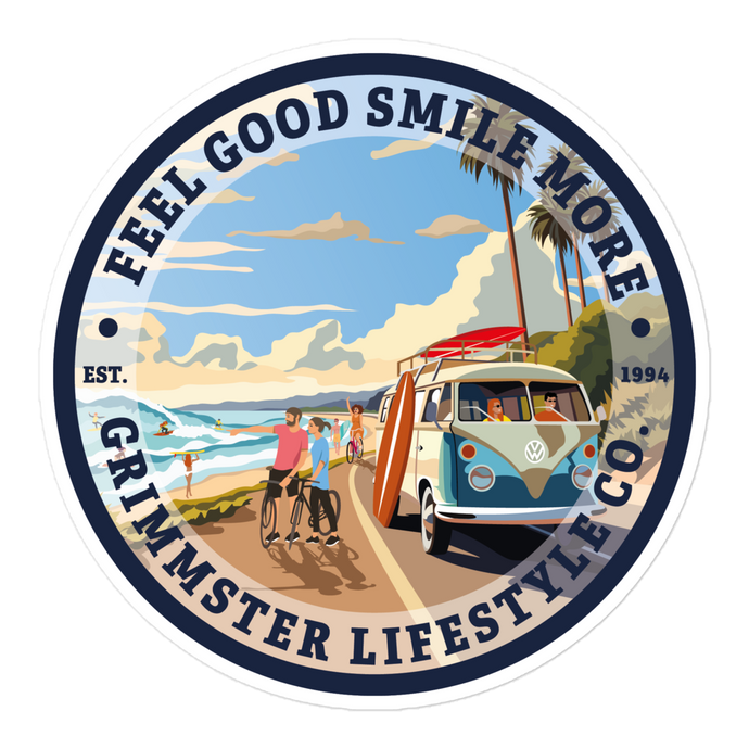 Grimmster Lifestyle Co. VW Van and Bike Beachside Sticker 5.5 Inches