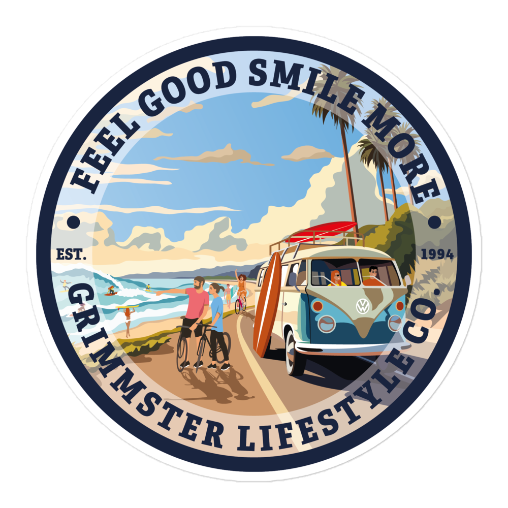 Grimmster Lifestyle Co. VW Van and Bike Beachside Sticker 5.5 Inches