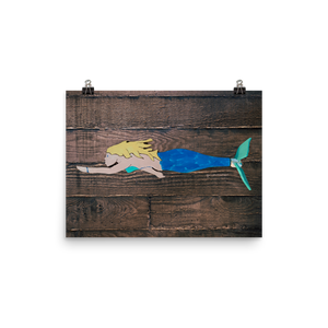 Mermaid Folk Art print on wood background - GRIMMSTER 
